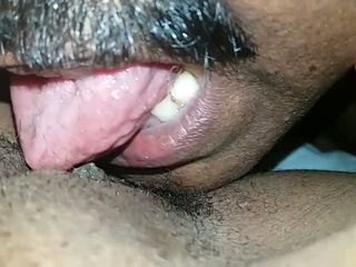 Horny mustached buddy eats his wife's Indian pussy well