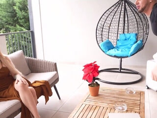 Busty blonde takes their both cocks in her on the porch