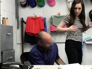 Officer dominates a brunette shoplifter and fucks her pussy