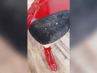 Lady Angela Red Pleaser Boots Nylon Feet and Bare Feet Foot Tattoo Pedicure MILF
