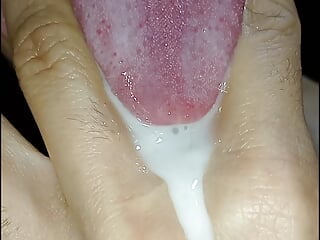 Cum in my mouth, play with your cum, and swallow it, close-up, naughty gay, tongue, sloopy