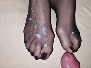 Shiny semen on wife's black nylon feet - black polish pedicure