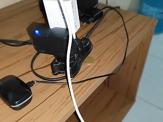 High-voltage charging plugged into the boy's cock makes him horny.