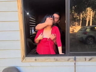 mom is surprised - sex in the window with perverted stepson