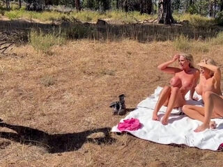 Hot milfs played naked with each other outside, when he showed up and turned it into FFM